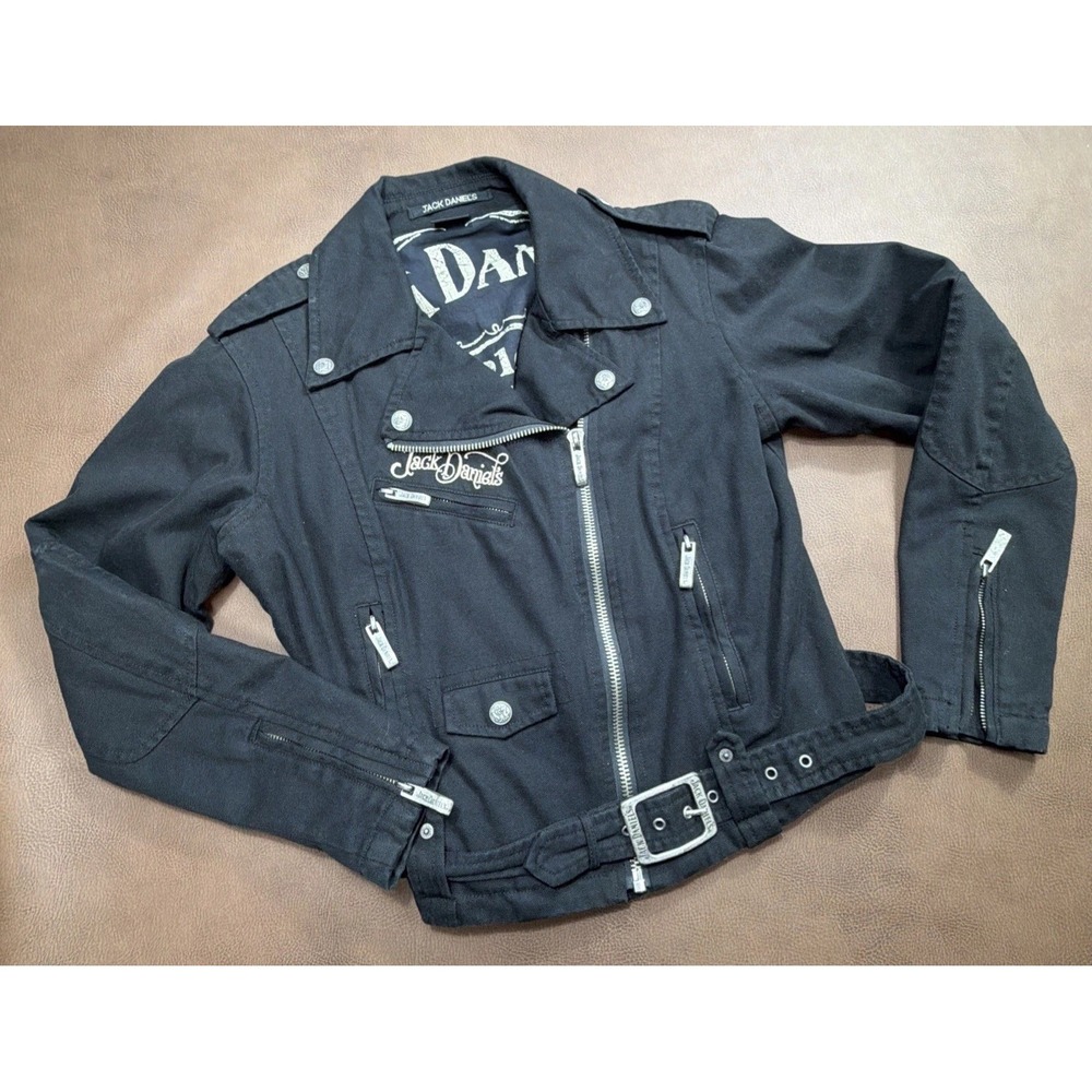 VTG Jack Daniels Canvas MOTO Jacket Womens M Black Biker Bar Festival 90's New!!